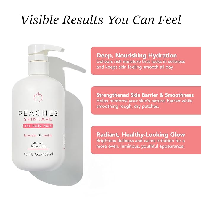 Peaches Skin Care Body Wash with Lavender and Vanilla - Gentle Sulfate-Free Cleanser for Soft Smooth-Looking Skin - Daily Body Wash for Men and Women 16 oz