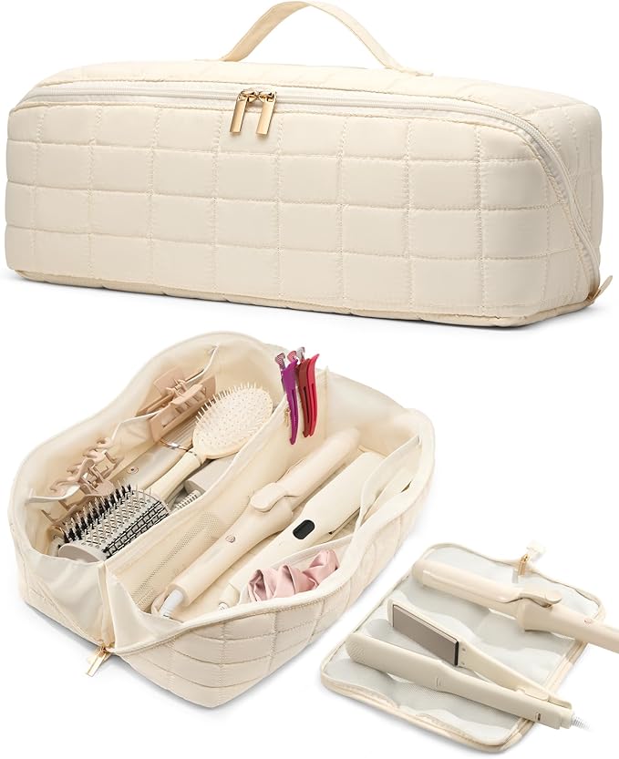 Hot Tools Travel Case with Heat Resistant Mat Pouch Large Hair Tool Organizer Bag for Curling Iron Flat Iron Hair Dryer Hot Air Brush Water Resistant Makeup Bag Gift for Women Beige
