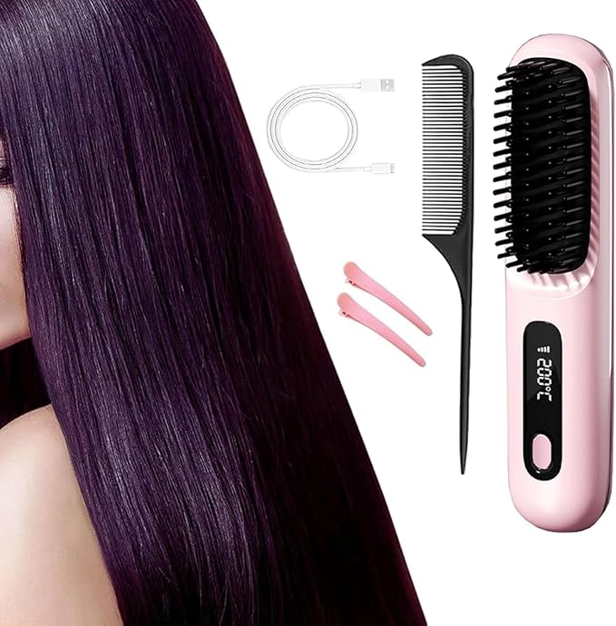 Mini Cordless Hair Straightener BrushPortable Straightening Brush for Travel Ionic Hot Comb Straightener USB RechargeableGifts for Women(Pink)