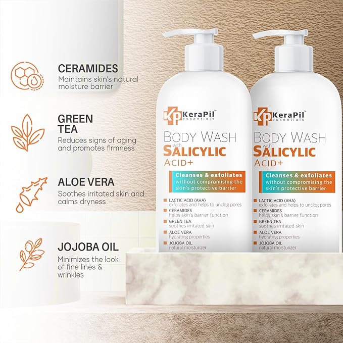 Salicylic Acid Body Wash - Skin Non-drying Gentle Exfoliates Rough and Bumpy Skin Body Acne Wash BHA &amp AHA - Unscented Exfoliating Body Wash Made in USA - (16 fl oz x 2)