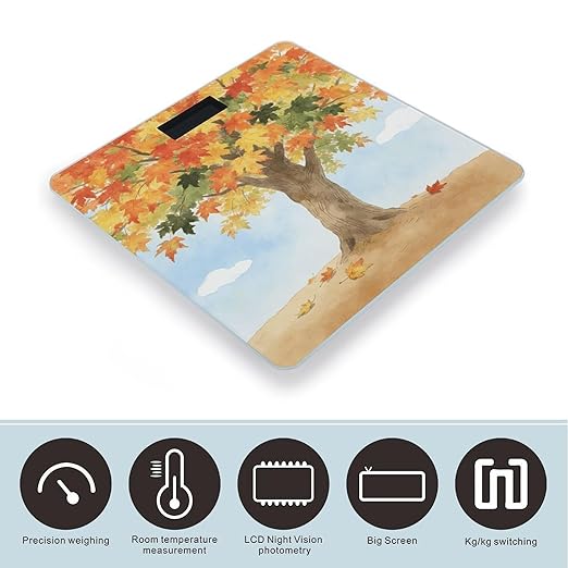 Autumn Maple Leaf Smart Scale for Body Weight Digital Bathroom Scale Toughened Glass Weight Scale with Large LCD Backlight Display High Precision Scales Weighing Machine