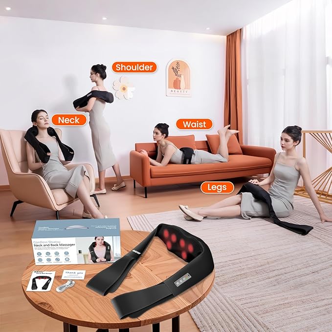 AMZPONY® Cordless Neck Massager for Pain Relief Deep Tissue Rechargeable Shiatsu Neck and Back Massager with Heat Kneading Shoulder Massage for Body Muscle Pain ReliefGifts for Mom Dad Friends