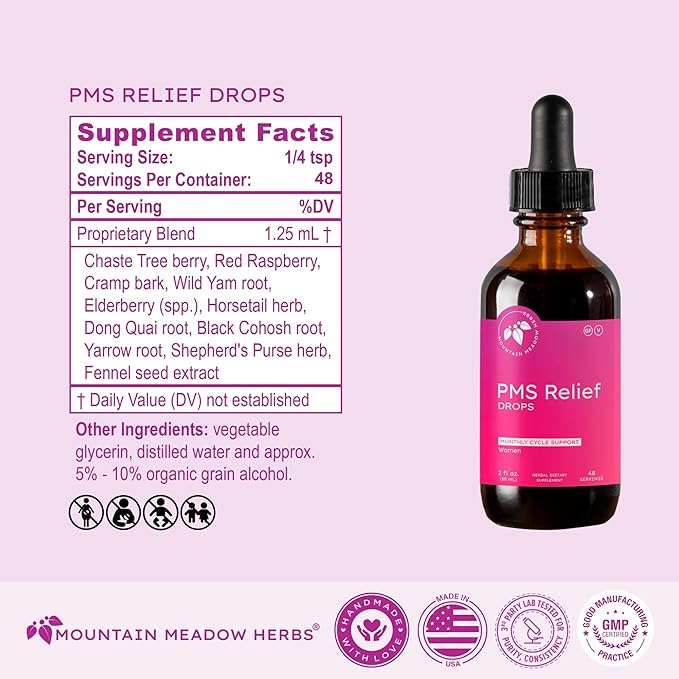 Mountain Meadow Herbs PMS Relief Drops | Liquid Herbal Supplement for Menstrual Period Discomfort | Hormonal Support for PMS Cramps Mood Swings &amp Acne with Chaste Tree Berry (Vitex) &amp Wild Ya