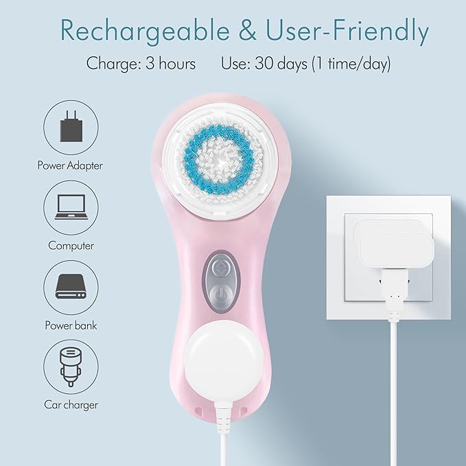 Microtree Electric Facial Cleansing Brush and Brush Head Replacement Sonic Vibrating Rechargeable Face Scrubber Exfoliator 2 Speeds for Gentle Clean