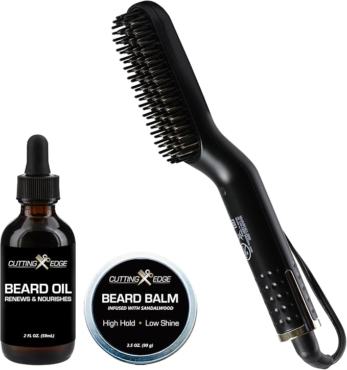 Cutting Edge Heated Beard Straightener Brush for Men Includes Beard Oil &amp Beard Balm Ceramic Heated Brush Auto Shutoff Beard Straightening Hot Comb Tool for Men