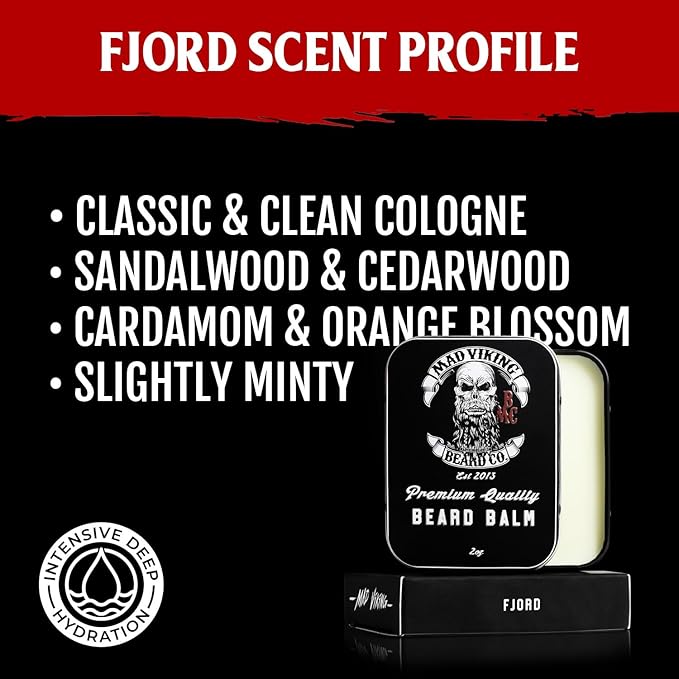 Mad Viking Fjord Beard Balm – Non-Greasy Balm to Soften &amp Style with a Medium Hold - Made with Shea Butter Beeswax &amp Premium Oils – Crisp Clean Citrus &amp Woodsy Scent Made in the USA - 2o
