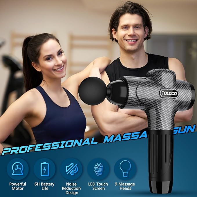 TOLOCO Massage Gun Upgrade Deep Tissue Back Massager with 10 Replacement Heads Percussion Massage Guns for Athletes for Pain Relief Super Quiet Electric Massager for Valentine Gift Carbon