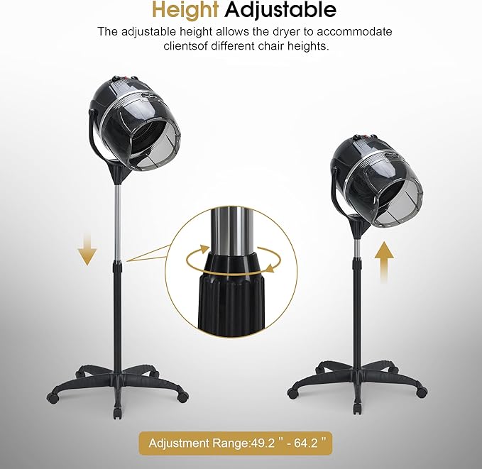 BarberPub 1300W Hooded Hair Bonnet Dryer with Stand Height Adjustable Floor Standing Rolling Base Beauty Salon Equipment with 360° Rotation VHD08