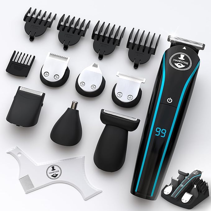 MANECODE® Beard &amp Hair Trimmer for Men – Self-Sharp Blades® USB-C Waterproof LED Display Multi-Grooming Kit