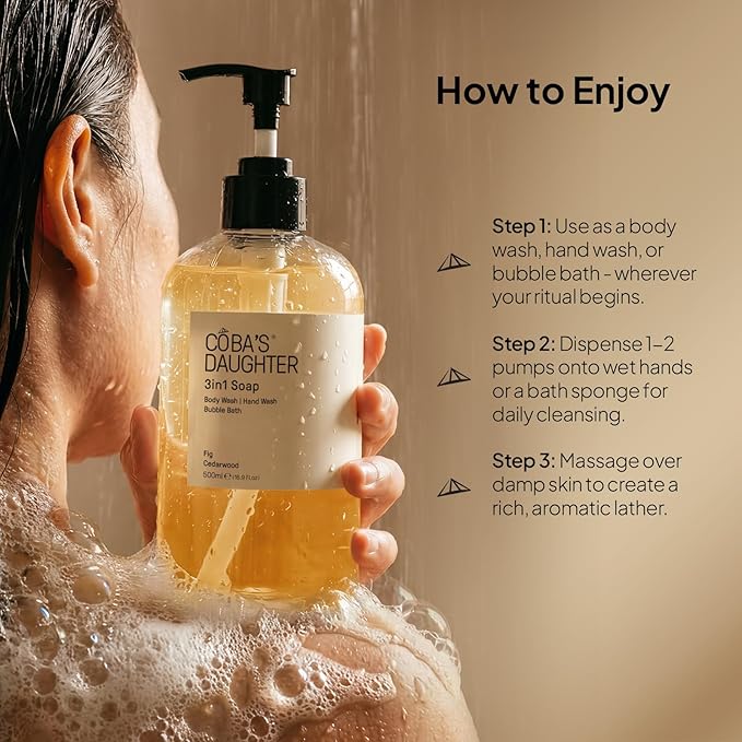 COBA'S DAUGHTER 3in1 Soap | Bubble Bath Body Wash &amp Hand Wash | Aromatherapy-Infused with Fig &amp Cedarwood | Inulin &amp Seaweed Extract for Exfoliated Balanced &amp Nourished Skin (16.9 Oz