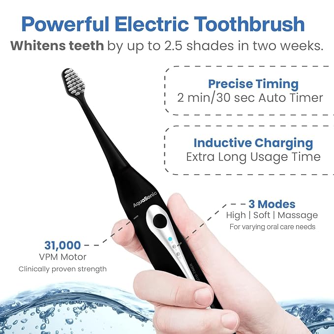 AquaSonic Home Dental Center Rechargeable Power Toothbrush &amp Smart Water Flosser - Complete Family Oral Care System - 10 Attachments and Tips Included - Various Modes &amp Timers (Black)