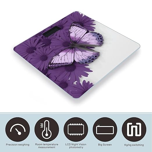Purple ButterflyScale for Body Weight with LCD High Precision Weighing Scales Fashion Sturdy Tempered Glass Weight Scales Easy-to-Read Digital Bathroom Scale for Daily 400lb
