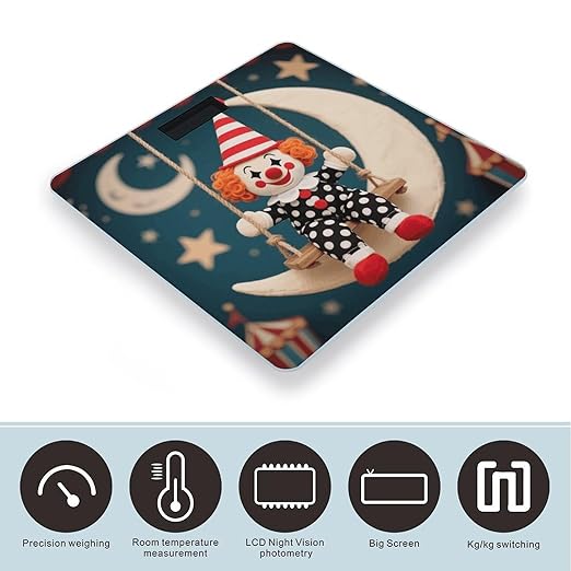 Clown on Crescent Swing Scale for Body Weight Sturdy Tempered Glass Weighing Scales with LCD Display Accurate Digital Bathroom Scale Convenient Body Fat Smart Scales Easy Read