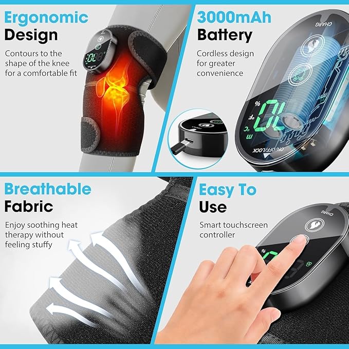 Heated Knee Massager cordless Knee Heating Pad Heated Knee Brace with 6 Heating Levels 3 Massage Modes &amp Timer Rechargeable Support Wrap for Knee Shoulder Elbow Warmers for Arthritis Black(p