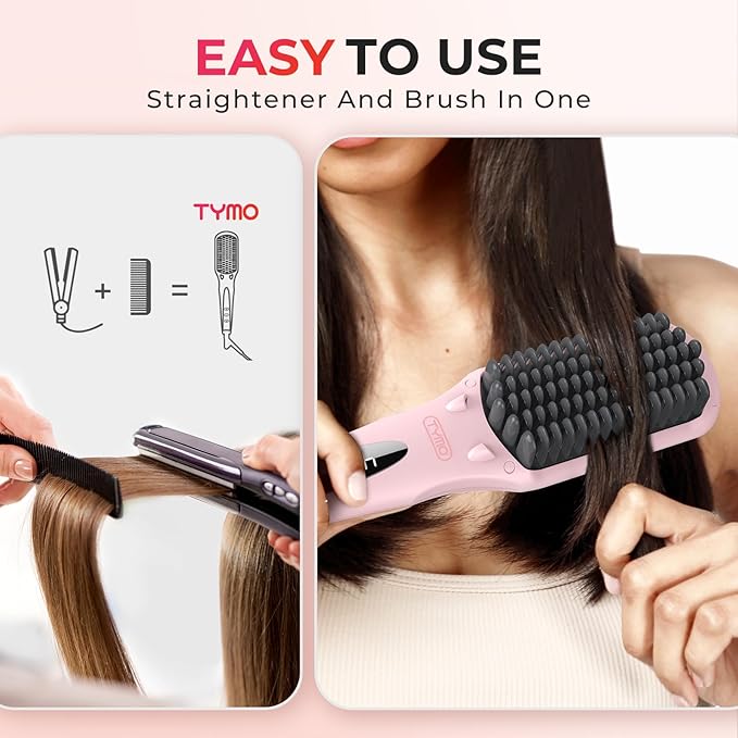 TYMO Ionic Hair Straightener Brush - Straightening Comb with 10M Negative Ions 25s Heat-up 16 Temps Dual Voltage LED Display | Ceramic Hot Comb Hair Brush Straightener for Women Pink