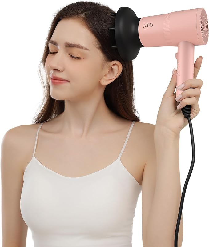 AINA Hair Dryer with Diffuser Blow Dryer for Women | Advanced Ionic Technology Ceramic Coating | Cold Shot Features Turbo Heat for Fast Drying and Shine 110V/ALCI (Babe Pink)