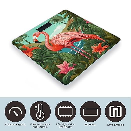 Tropical Flamingo Bathroom Scale Automatic Power On/Off Body Scales LCD Backlight Display Square Digital Scale Rounded Corners Bathroom Scales for Home Bedrooms