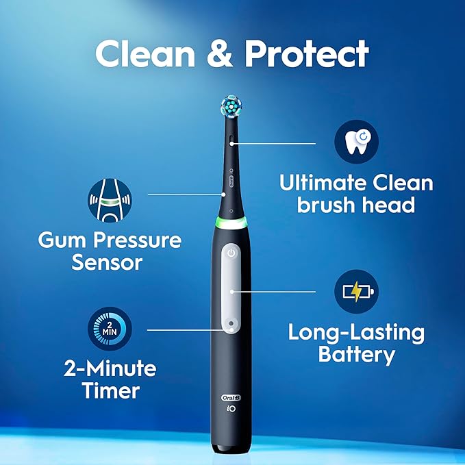 Oral-B Rechargeable Electric Toothbrush iO3 Limited Deep Clean 3 Cleaning Modes Visual Pressure Sensor to Protect Gums 2 Brush Heads Travel Case ICY Blue