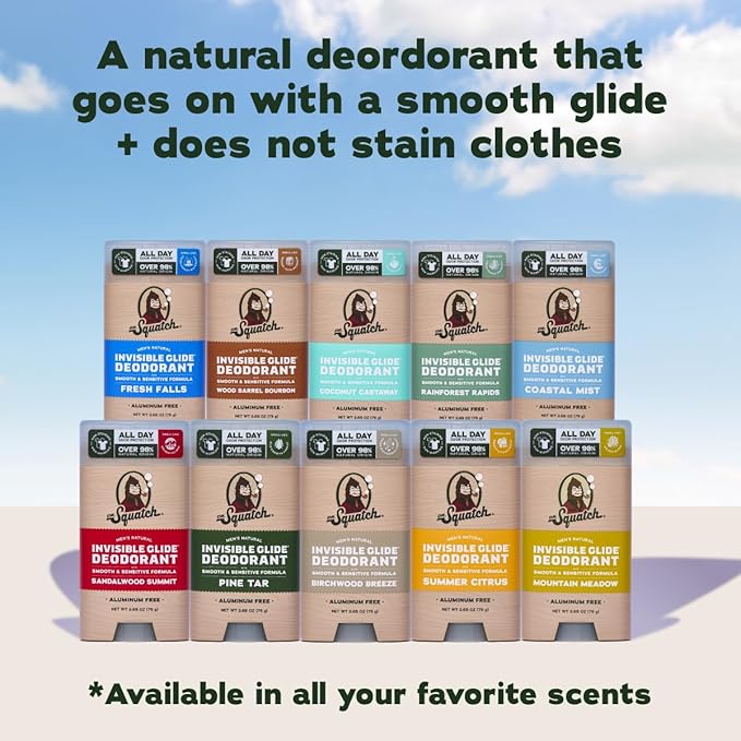 Dr. Squatch Invisible Glide Natural Men’s Deodorant – Smooth Glide No Stains – Aluminum Free Deodorant Men – Safe for Sensitive Skin – Wood Barrel Bourbon + Rainforest Rapids 2.65oz (2-Pack)