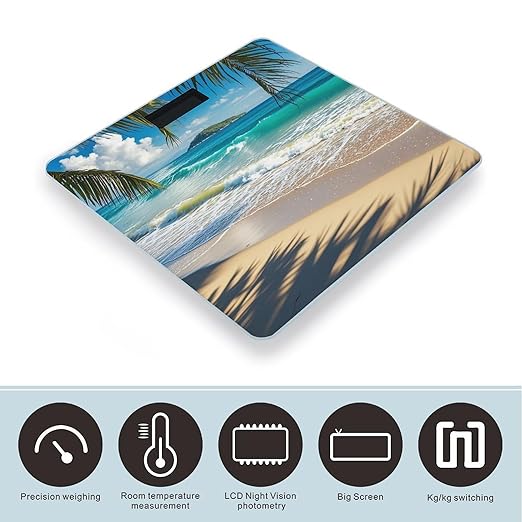 Beautiful Beach Seascape Smart Scale for Body Weight Accurate Bathroom Scale with LED Display Digital Weight Scales Weighing Machine High Precision Scales for Bath Home