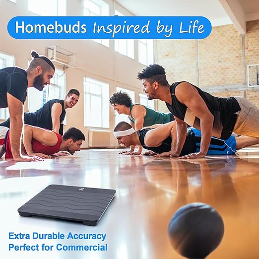 Homebuds 600lb Scale for Body Weight Precision 0.1lb by Our Professional Factory Since 2001 Digital Weight Scale and BMI Via Smart APP 8mm Non Slip Tempered Glass 12.4 * 12.4in LED Black