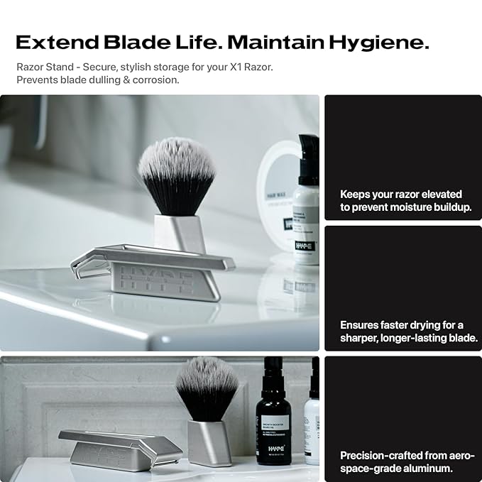 HYPE X1 Single Edge Aluminum Safety Razor Full Set - Ergonomic V-Shaped Design with 3 Customizeble Shave Settings 20 Non-Proprietary Blades Shaving Brush &amp Stand - Silver