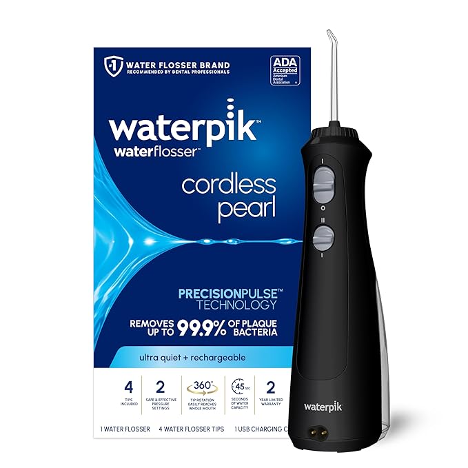 Waterpik Cordless Pearl Rechargeable Portable Water Flosser for Teeth Gums Braces Care and Travel Extra Quiet 4 Flossing Tips - ADA Accepted WF-13 Black Amazon Exclusive