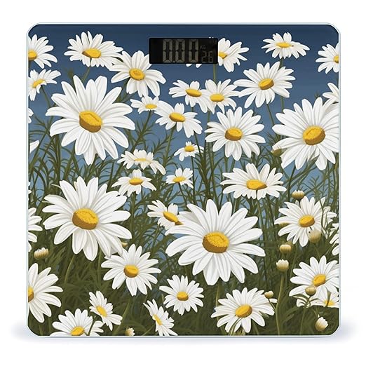 Camomile Pattern Scale for Body Weight Anti-Slip Tempered Glass Digital Bathroom Scales Clear LCD Display Weighing Scale Safe Rounded Corners Smart Scales