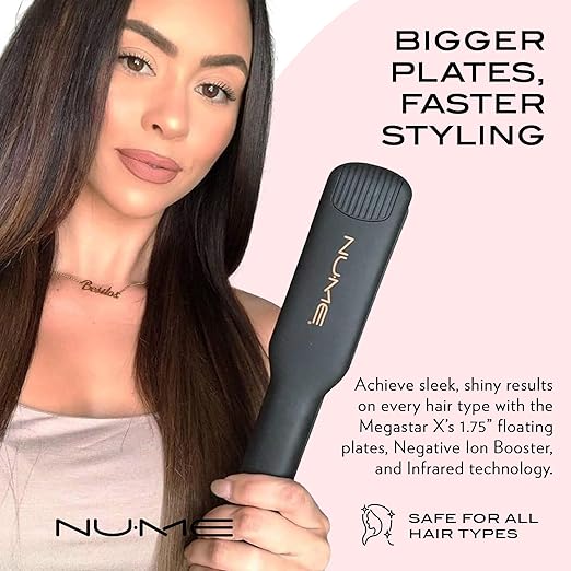 NuMe Megastar X Hair Straightener Tourmaline Flat Iron – 1.75 Inch Floating Plates Hair Straightener with Negative Ion Booster Infrared Light Strip Ultra-Smooth and Shiny Results for All Hair Types