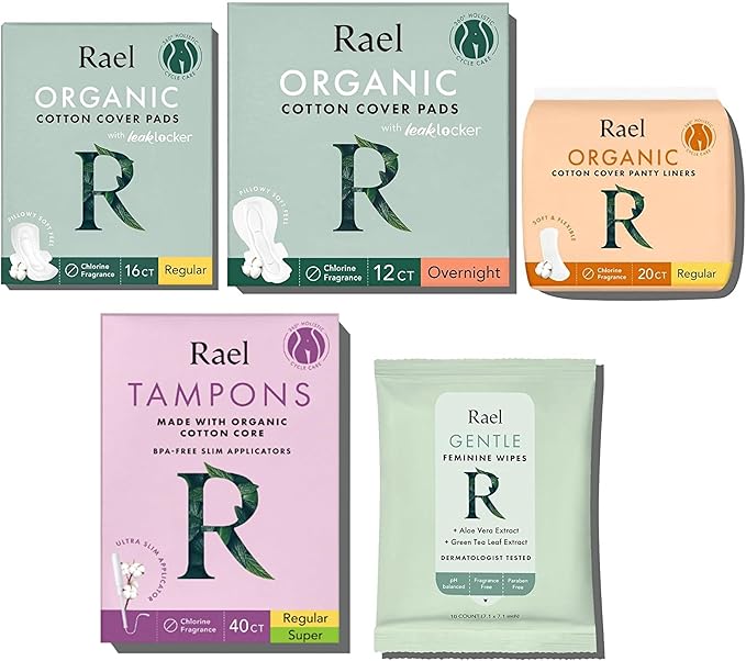 Rael Period Value Pack - Organic Cotton Cover Pads (Regular 16ct &amp Overnight 12ct) Panty Liners (20ct) pH Balanced Feminine Wipes (10ct) &amp BPA-Free Slim Applicator Tampons (Regular &amp Sup