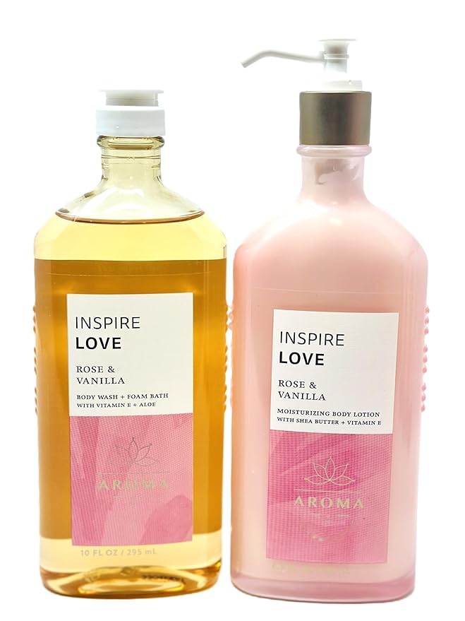 Bath and Body INSPIRE LOVE ROSE &amp VANILLA Body Wash + Foam Bath &amp Mositurizing Body Lotion Combo