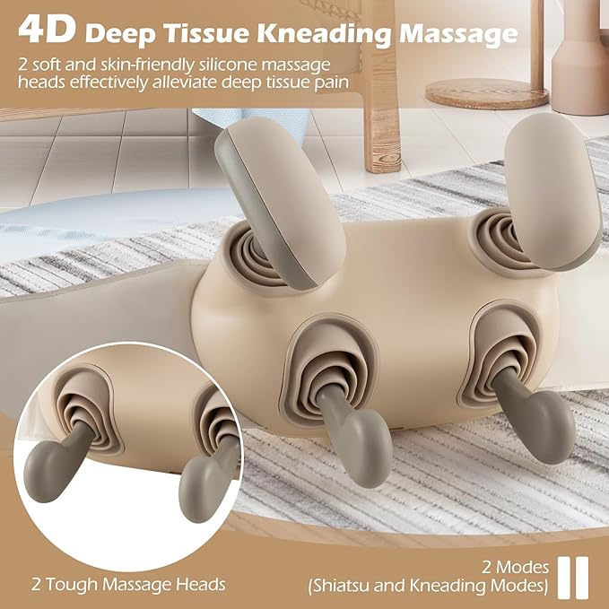 COSTWAY Neck Shoulder Massager 4D Deep Tissue Kneading Shiatsu Machine with 2 Heat Levels for Pain Relief Portable Cordless Neck Back Leg Massage Pillow Gift for Family Women Men Beige
