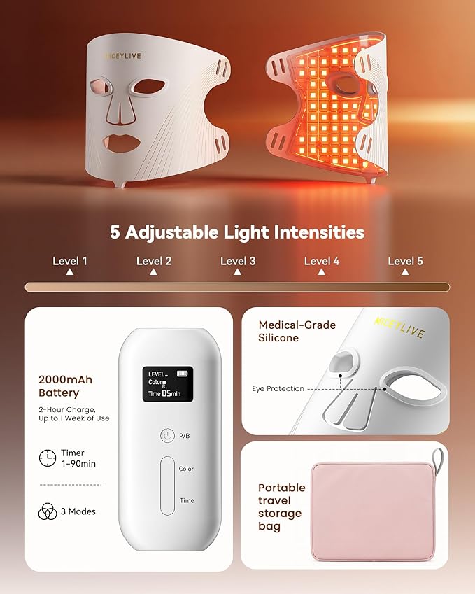Red Light Therapy for Face Mask 432 LED Face Mask with 3 Wavelengths (630nm Red 415nm Blue 850nm NIR) 180° Full Face Coverage Wrinkles &amp Acne Care at Home Rechargeable with Travel Bag
