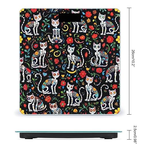 Women's Fashion Automatic Switch Digital Bathroom Weighing Scale Smart Scale Day of The Dead Black Cat Rose Sugar Skull Skeleton