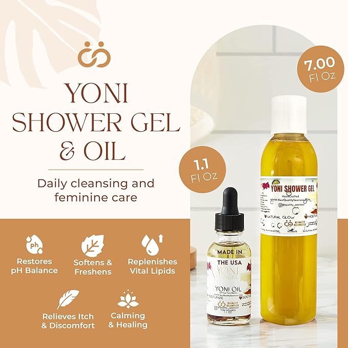 Yoni Wash Shower Gel (7 oz) and Yoni Oil (1.1 oz) Bundle Includes Body Wash for Cleansing and Feminine Care Oil for pH Balance and Odor Control Natural Feminine Hygiene Products Body Care Bundle