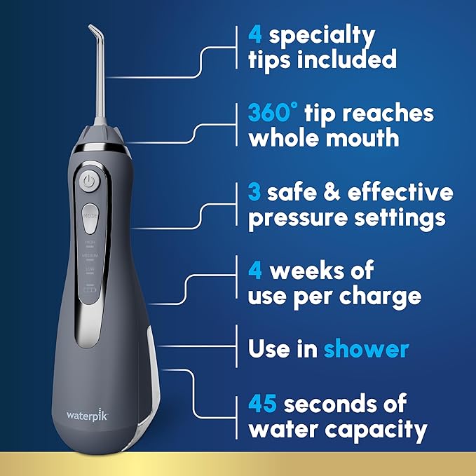 Waterpik Cordless Advanced 2.0 Water Flosser For Teeth Gums Braces Dental Care With Travel Bag and 4 Tips ADA Accepted Rechargeable Portable and Waterproof Gray WP-587 Packaging May Vary