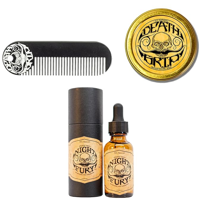 THE VINTAGE GROOMING CO. Death Grip Extra Strong Mustache Wax Night Fury Mustache Wax Remover Oil and Comb Set