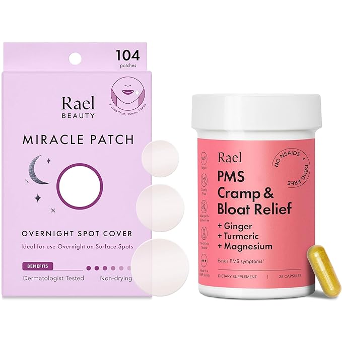 Rael Bundle - Overnight Spot Cover Pimple Patches (104 Count) &amp PMS Supplement for Women (28 Capsules)