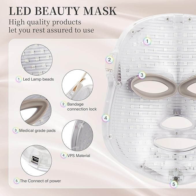 LED Face Mask Light Therapy Red Light Therapy Mask with 7 Colors 850nm Infrared &amp Red Light Therapy for Face Portable Anti-Aging Skin Rejuvenation Tool with Timer for Home Use