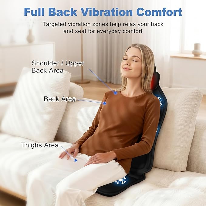 Massage Seat Cushion with Heat Adjustable Neck Support Breathable Lumbar Comfort Gentle Vibration Back Massager for Office &amp Home Chair Relaxation Gift