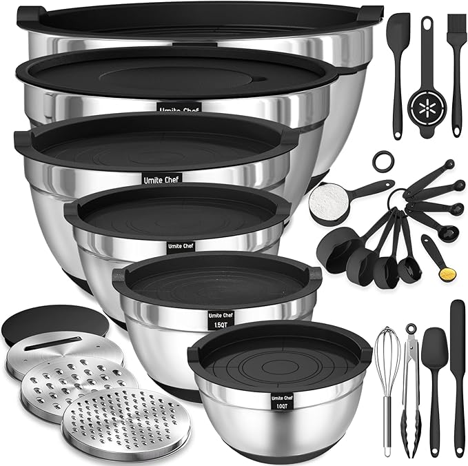 Umite Chef Mixing Bowls with Airtight Lids 26Pcs Stainless Steel Bowls Set 3 Grater Attachments &amp Black Non-Slip Bottoms Size 7 4 2.5 2.01.5 1QT Great for Mixing &amp Serving