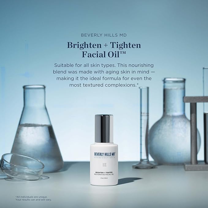 Beverly Hills MD Brighten + Tighten Restorative Face Oil- Reduce Wrinkles &amp Tone Skin Anti-Aging Formula for an Even Moisturized Complexion- Lighten Dark Spots on Face Neck Décolleté w/Vitamin