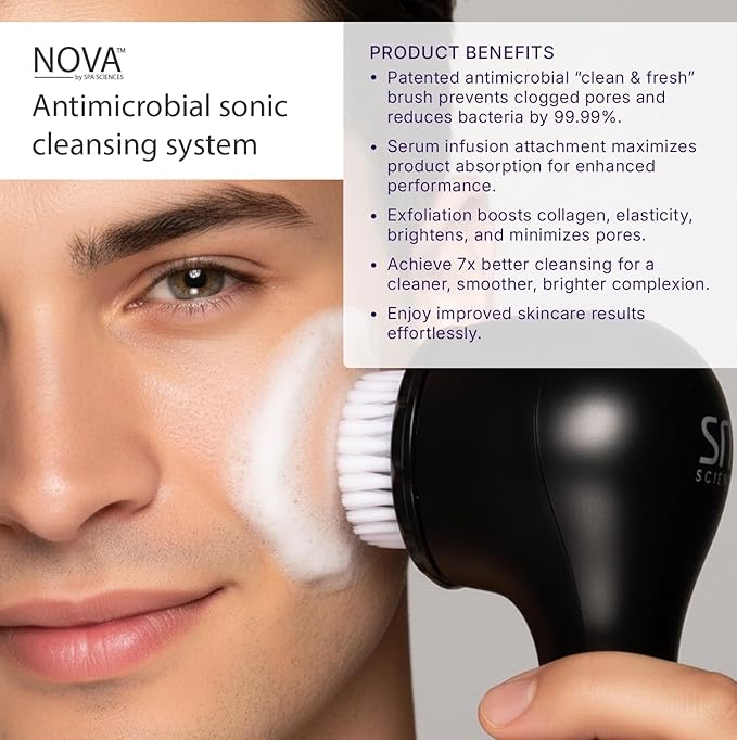 Spa Sciences - NOVA - Sonic Cleansing Brush with Bristles &amp Infusion System – Anti-Aging Facial Exfoliating Waterproof and USB Rechargeable