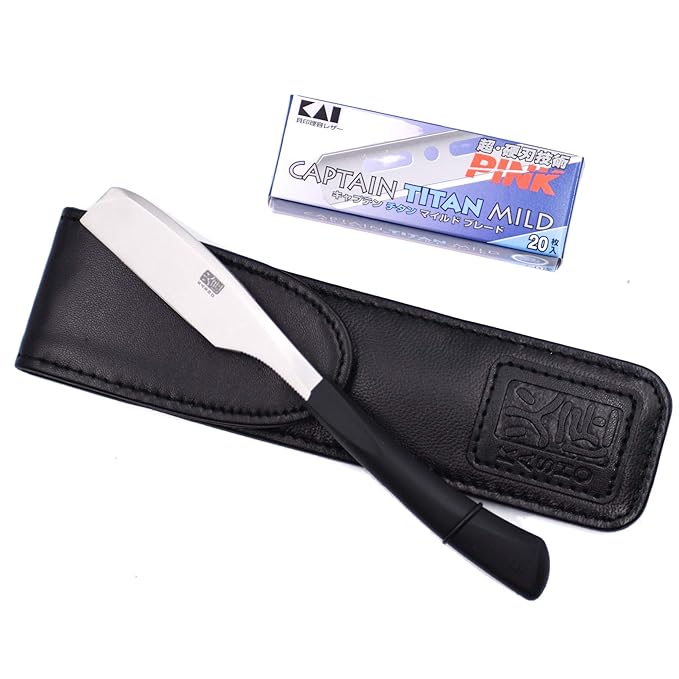 Kasho Captain Japanese Straight Edge Barbering Razor with Leather Case &amp 20 Kai Captain Blades -Compatible with Kai Captain and Feather Artist Club Razor Blades