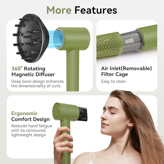 Dries Hair Quickly 500 Million Ion Hair Dryer Low Noise 160000 RPM Professional High Speed Fast Drying Lightweight Blow Dryer with Thermo-ControlGifts for Women for Home and Travel Green