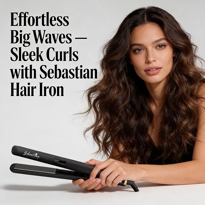 Flat Iron Hair Straightener and Curler 2-in-1 – Ceramic &amp Titanium Slim Plates – Dual Voltage – Professional Anti-Frizz Styling Tool – Sebastian Hair Iron