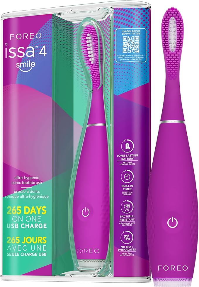FOREO ISSA 4 Smile Electric Toothbrush – Compact &amp Travel-Friendly 4-in-1 Hybrid Brush Head Tough on Plaque Long Battery Life (265 Days) 6-Month Brush Head Replacement