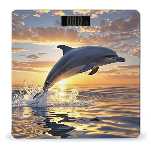 Dolphins Jumping Out of The Water at Sunset Bathroom Scale for Body Weight Bathroom Weighing Scales with Back Lit LED Display Sturdy Tempered Glass Body Weight Bathroom Scale 400lb Weighing