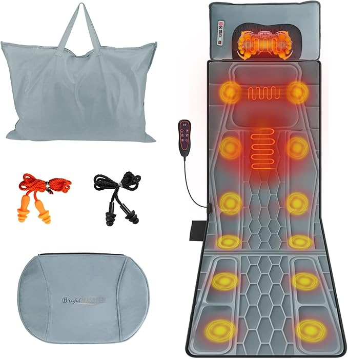 Flannel Full Body Massage Mat Heat Massage Pad with Detachable Shiatsu Neck Massager Multifunctional Massage Chair Pad with Carry Bag Earplugs Anti-Slip Bottom for Office Home