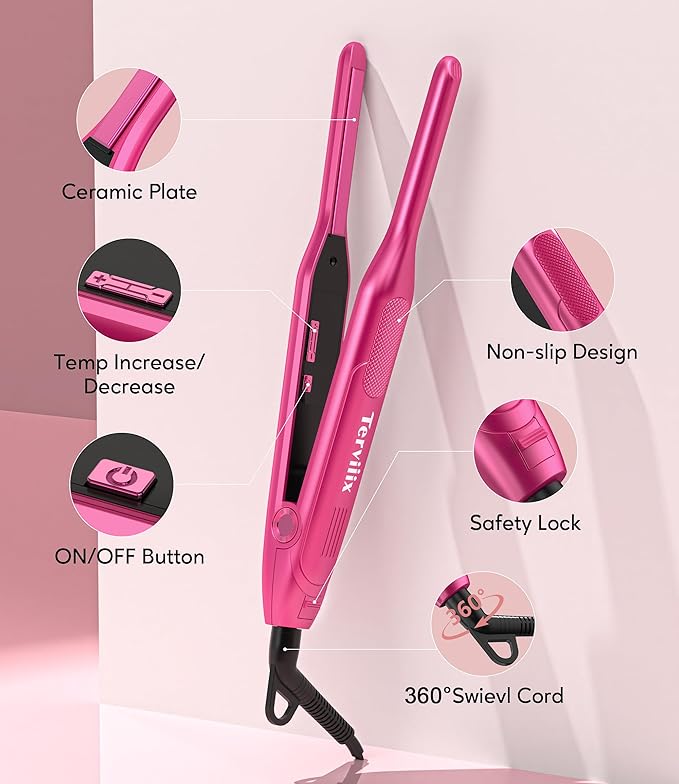Terviiix Mini Flat Iron and Hair Straightener for Short Hair Edges and Pixie Cut - 3/10 Inch Skinny Pencil Straightener for Black Women's Baby Hair LCD Digital Display Dual Voltage Pink